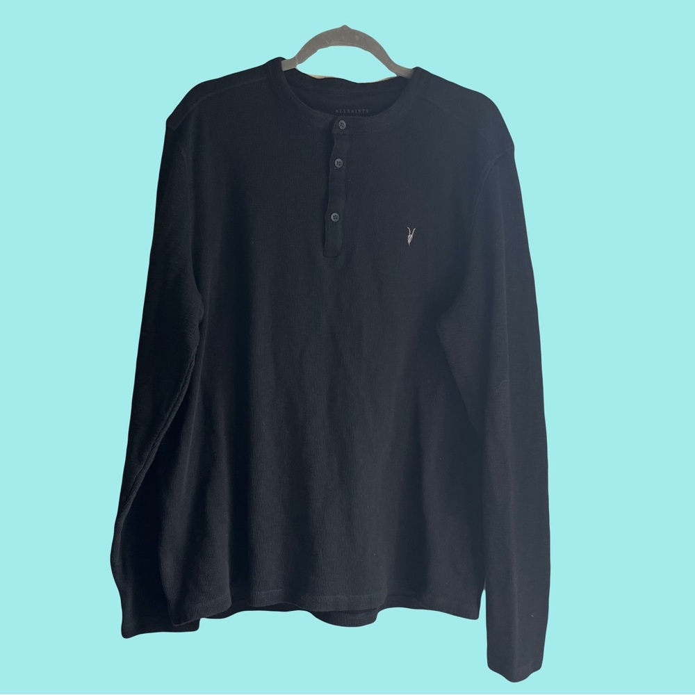 All Saints Black Thermal Henley Long Sleeve Shirt Mens Size XXL